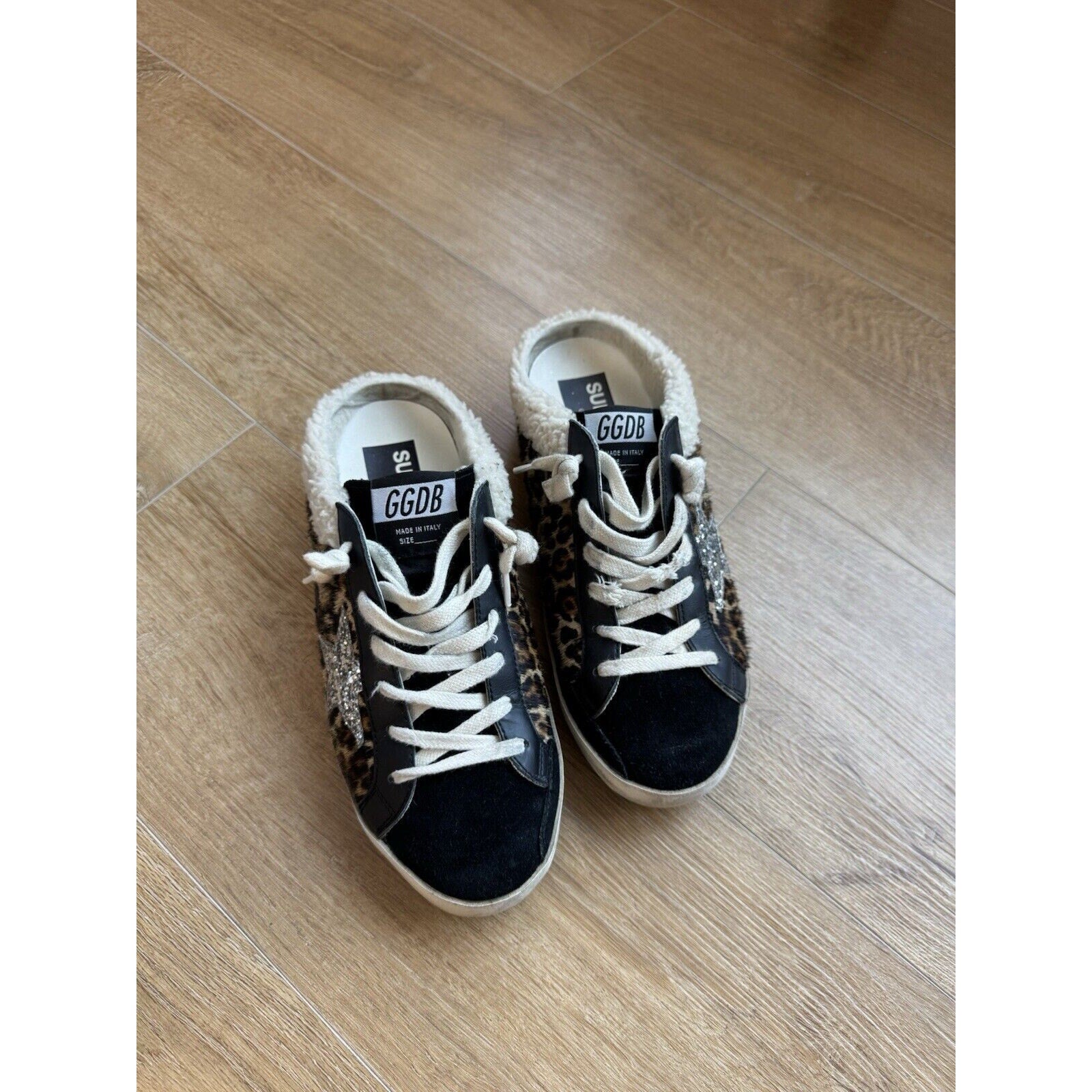 Golden Goose Super-Star Slip On Leapord Print Glitter Star Shearling Lined