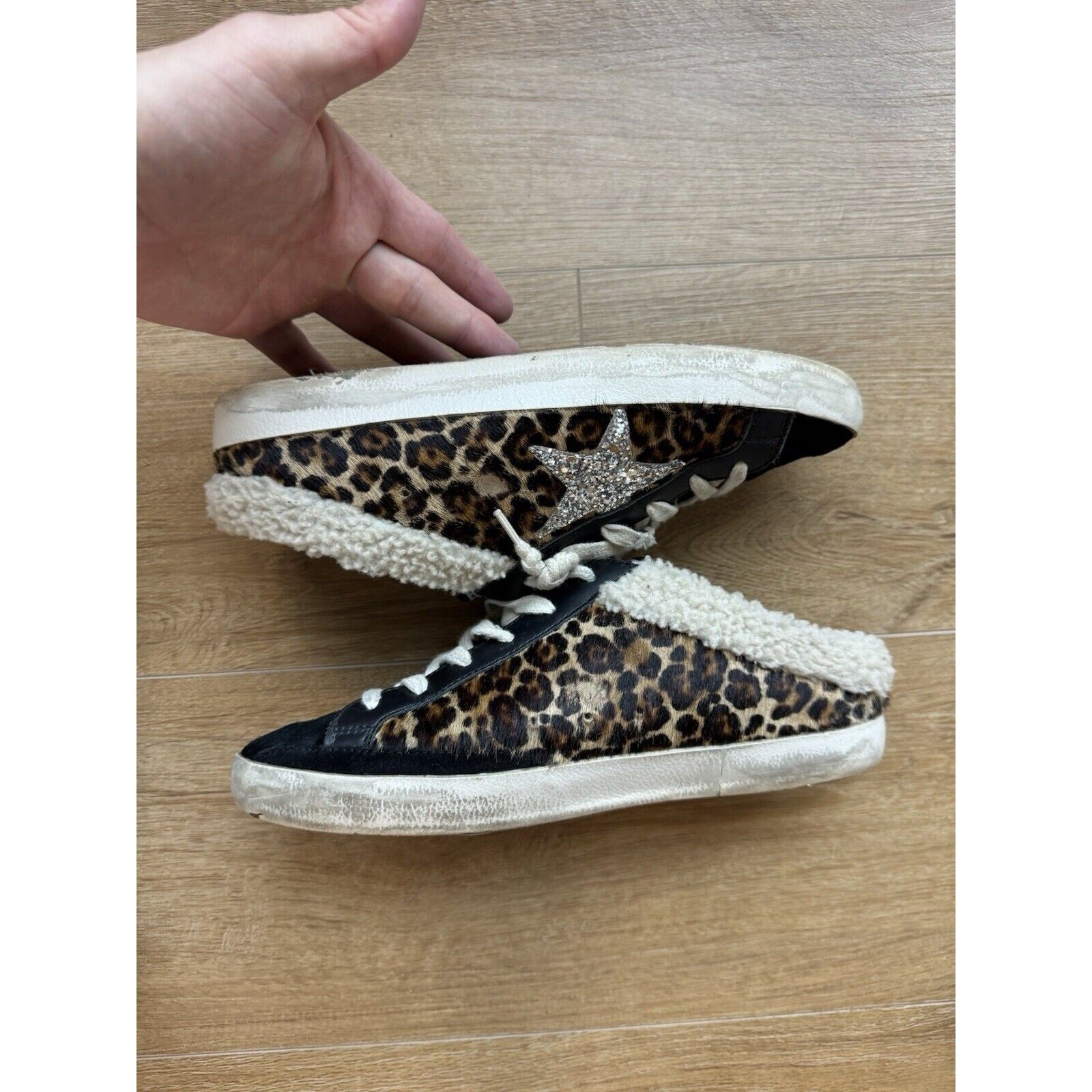 Golden Goose Super-Star Slip On Leapord Print Glitter Star Shearling Lined