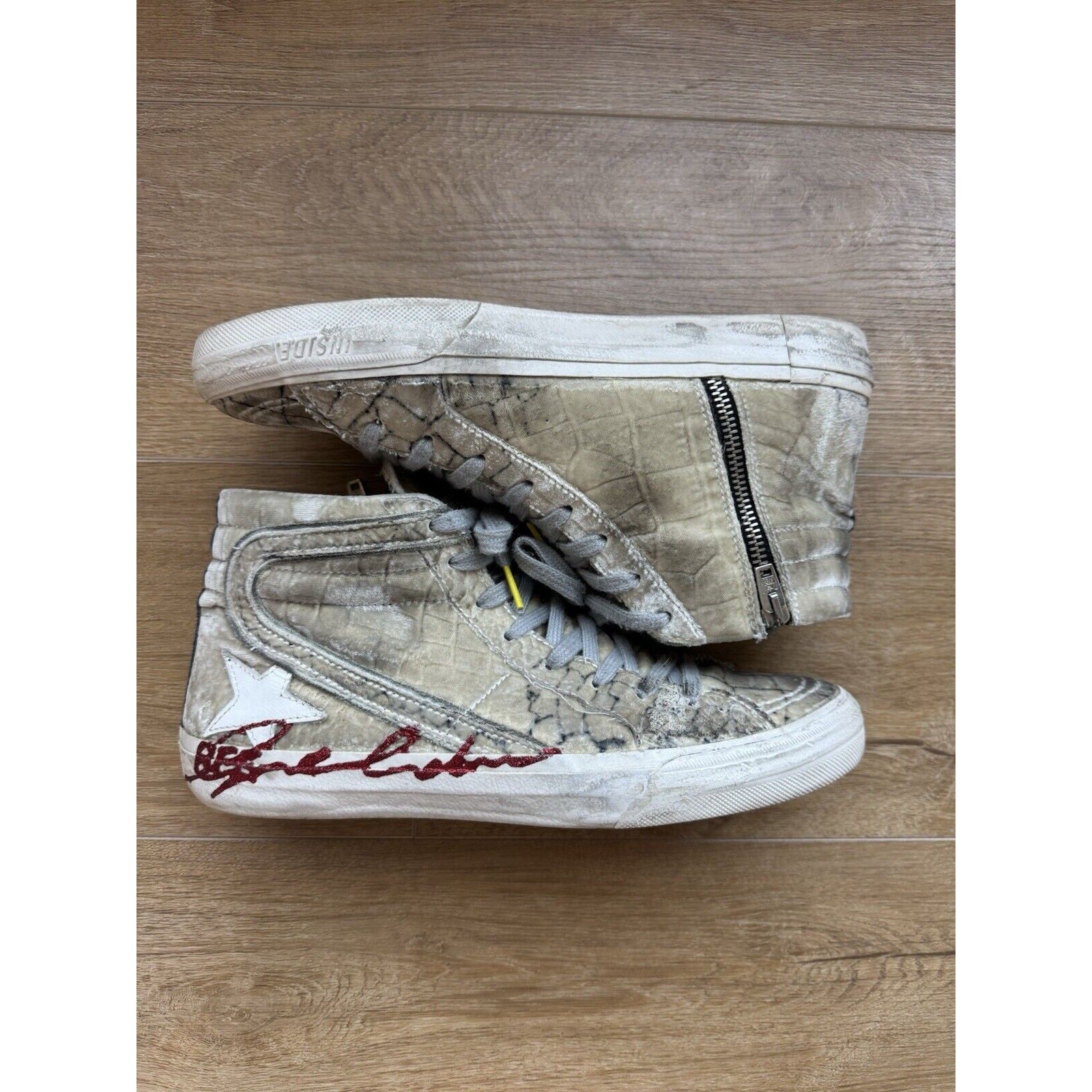 Golden Goose Zipper Hi-Top Crocodile Print Velvet Glitter Logo Size 41