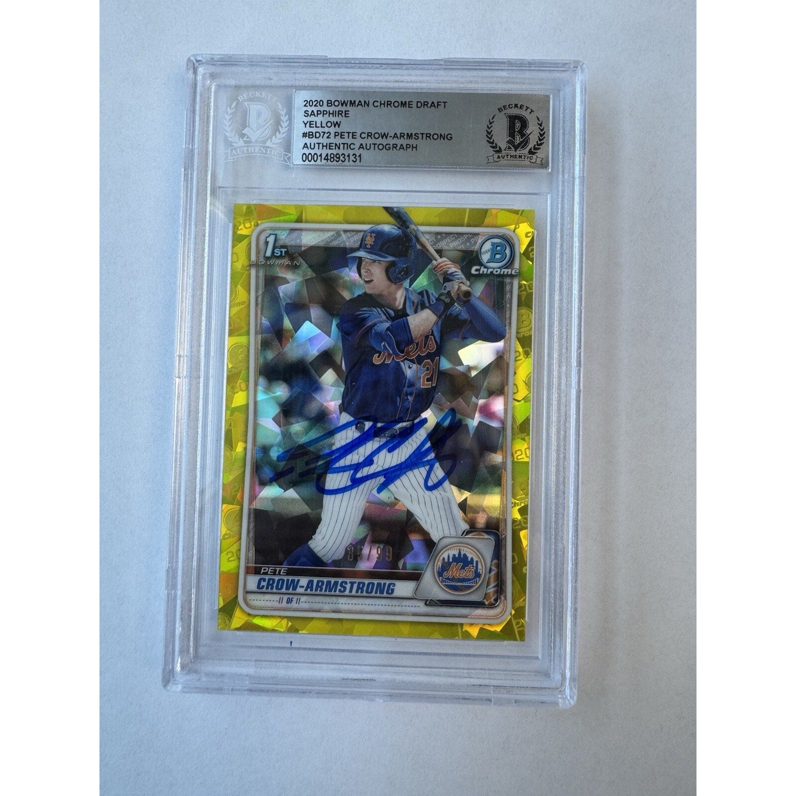 Pete Crow Armstrong 2020 Bowman Chrome Draft Sapphire Yellow 35/99 Autograph