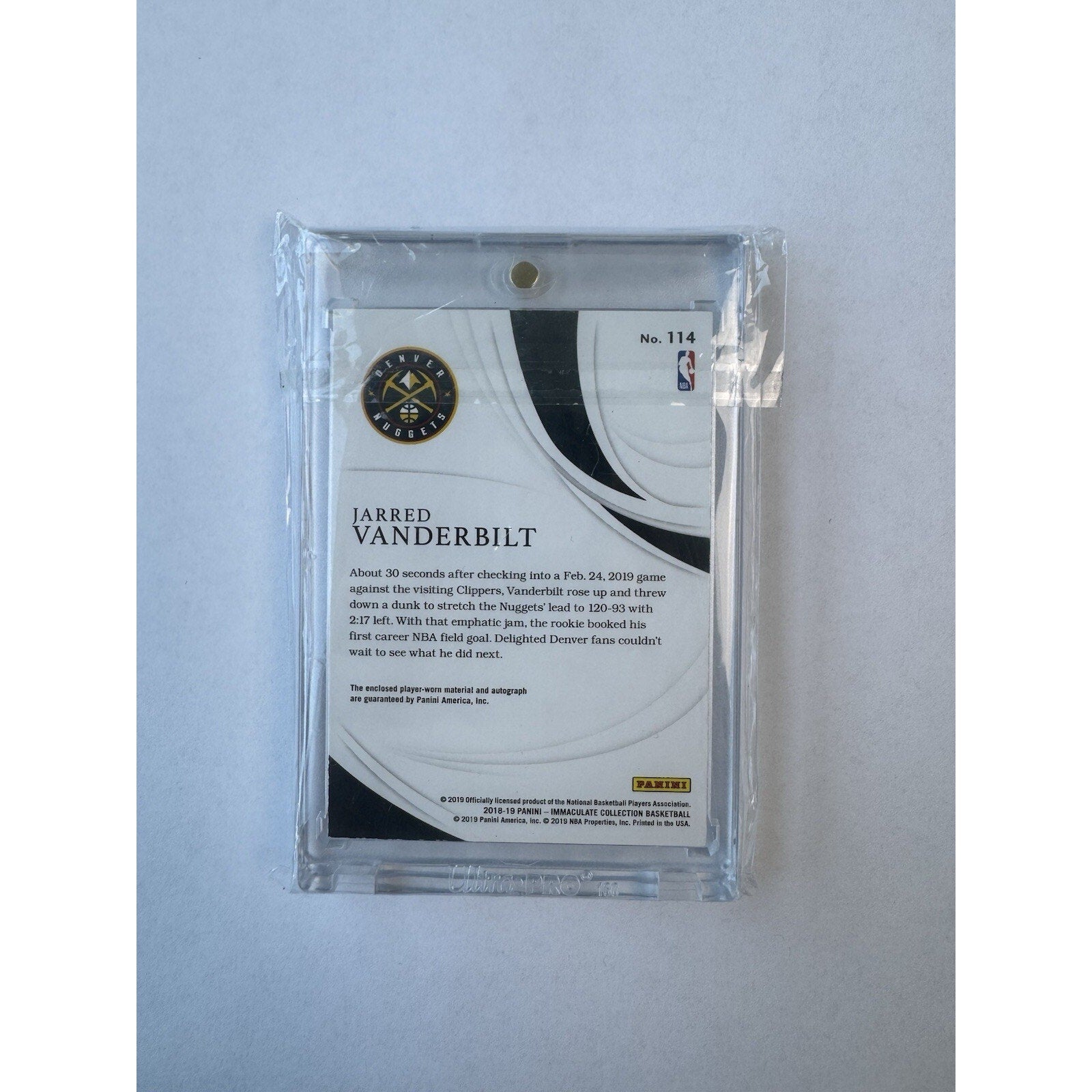 Jarred Vanderbilt 2018 Panini Immaculate #114 Rookie Patch Auto RC RPA 2/8