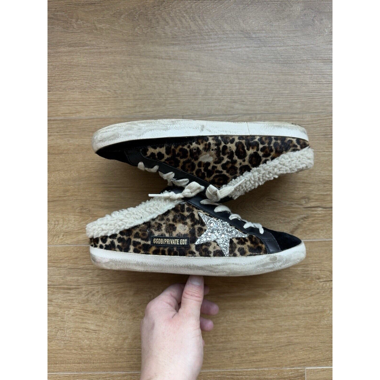 Golden Goose Super-Star Slip On Leapord Print Glitter Star Shearling Lined